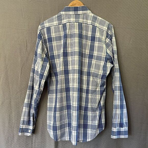 Express Large Fitted Long Sleeve Button-Front Shirt Blue White Plaid 16 - 16 1/2 - Picture 9 of 14